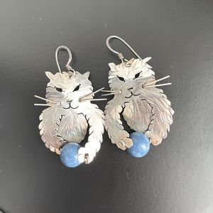 Sterling cat earrings with lapis ball